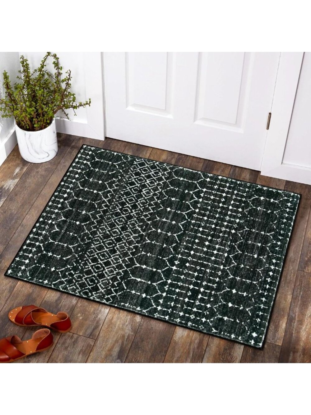 Moroccan Entryway Rug 2x3 - Non-Slip Washable Door Mat, Low-Profile Geometric